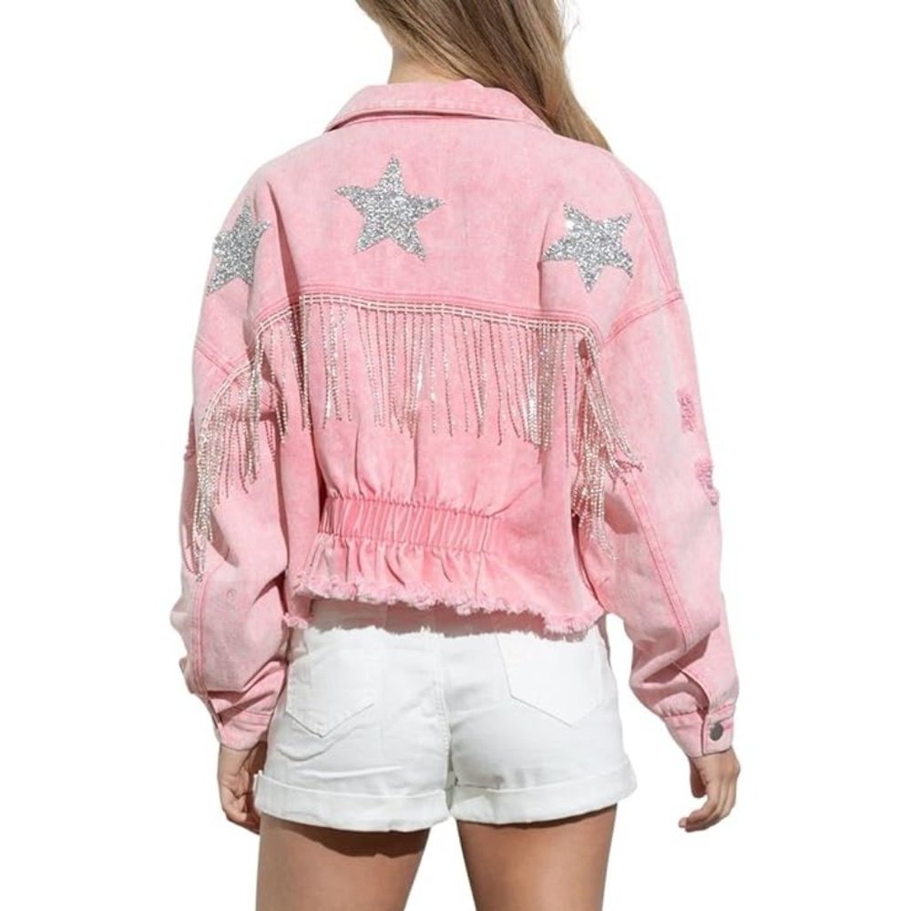 NWT Sparkling Bling Swarovski Crystal Rhinestone Pink Jacket Bustier Cow… - Picture 2 of 16